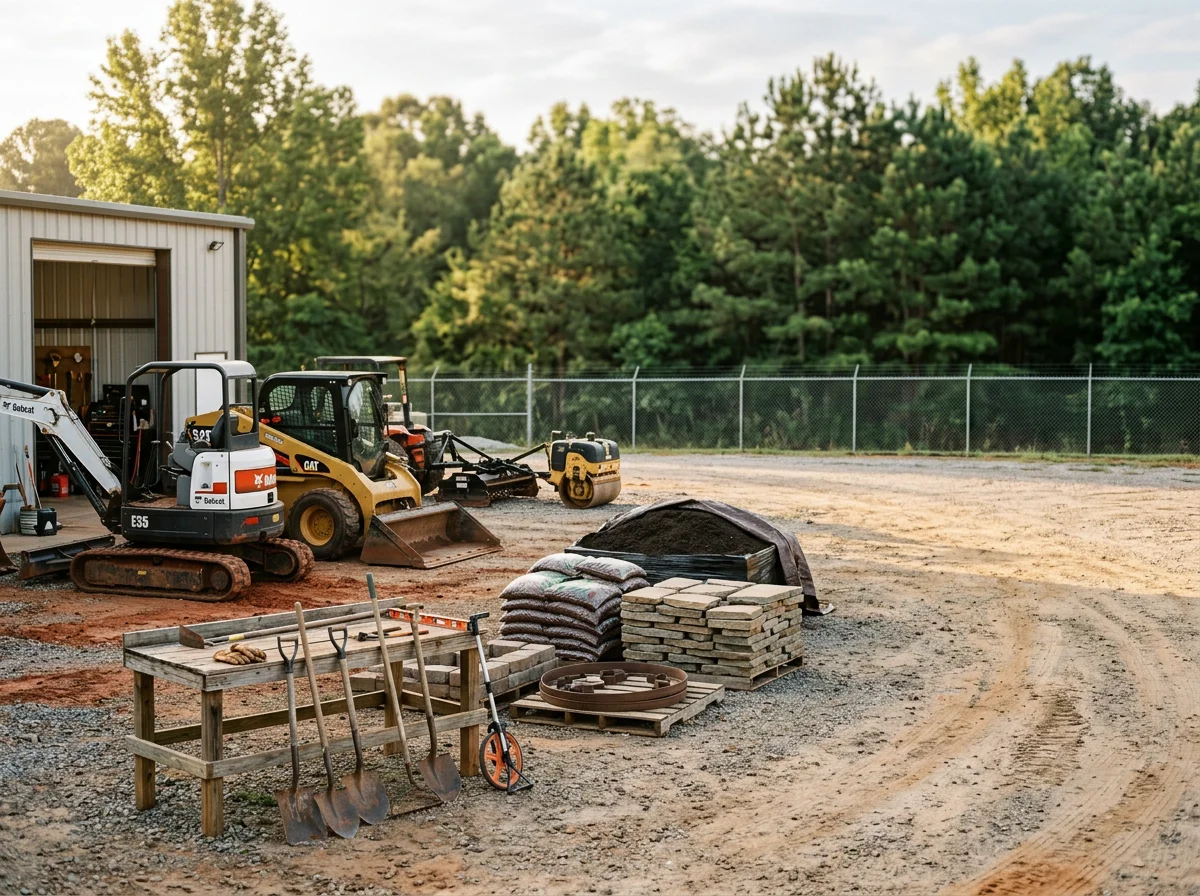 Outdoor work scene showing landscaping equipment, tools, and grounds ready for renovation or grading project.