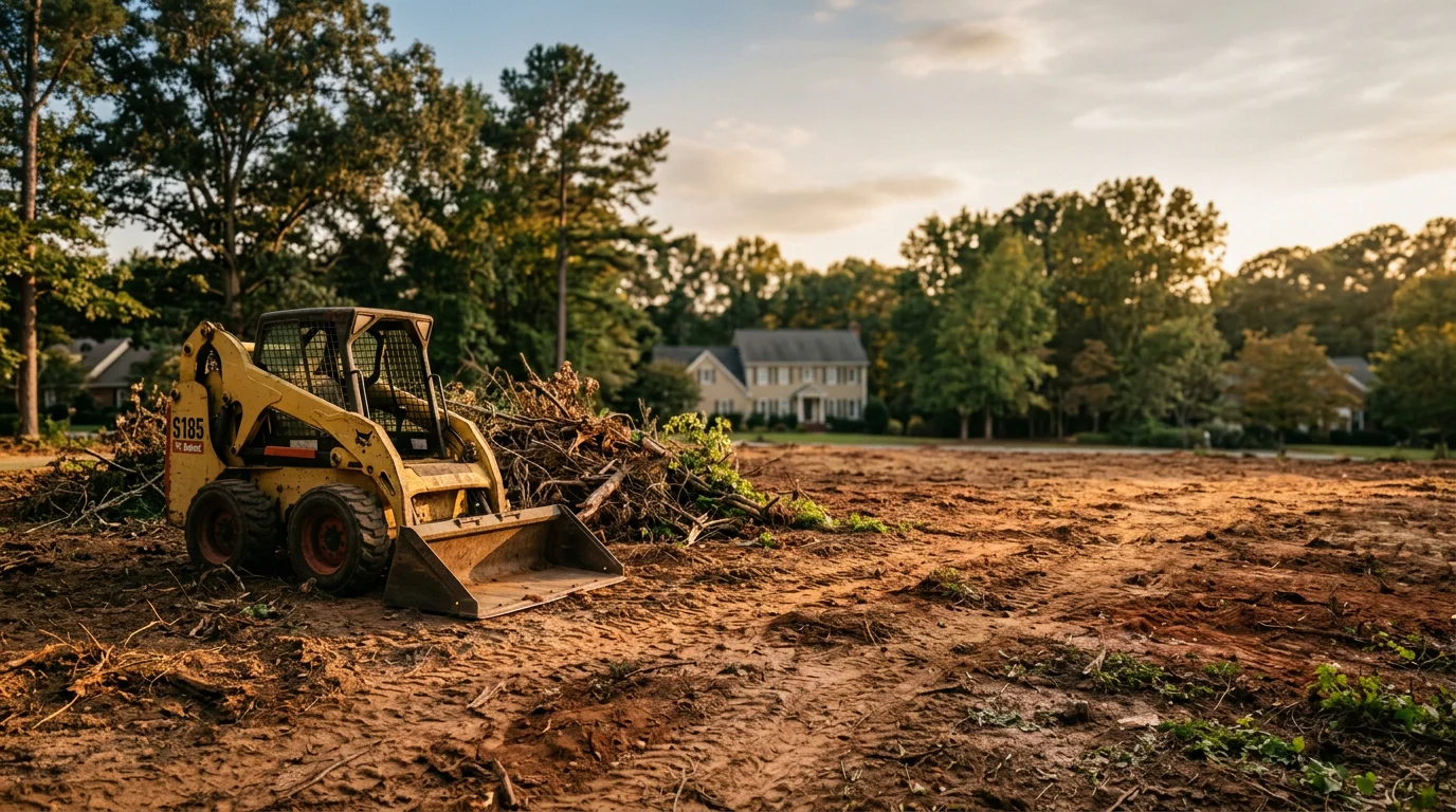 Skid steer equipment performing land clearing and excavation work