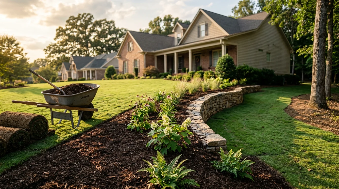 Landscape contractor working on outdoor yard renovation project