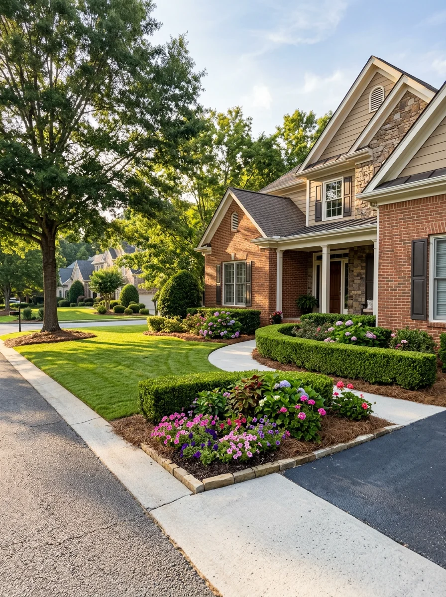 Peachtree City home exterior with manicured landscaping and inviting front entrance.