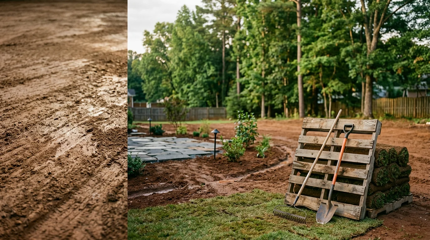 A renovated backyard in Newnan, GA showing a finished patio, graded lawn with fresh sod, and planted landscape beds. The space is level and open with low-voltage path lighting along a walkway leading from the patio to the rear yard.