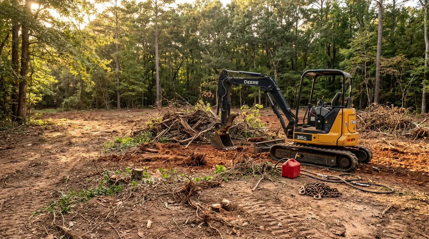 A cleared residential lot in Newnan, GA showing removed brush, cut undergrowth, and open ground ready for grading. Excavation equipment is visible at the edge of the work area with surrounding trees left intact.