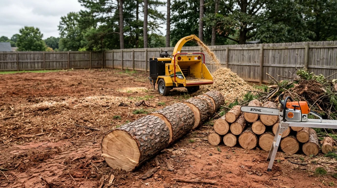 A large fallen pine tree lying across a residential backyard in Newnan, Georgia, with a crew from United Outdoor Services, LLC sectioning the trunk for removal. The tree has been cleared away from a wood fence line, with debris staged for cleanup.