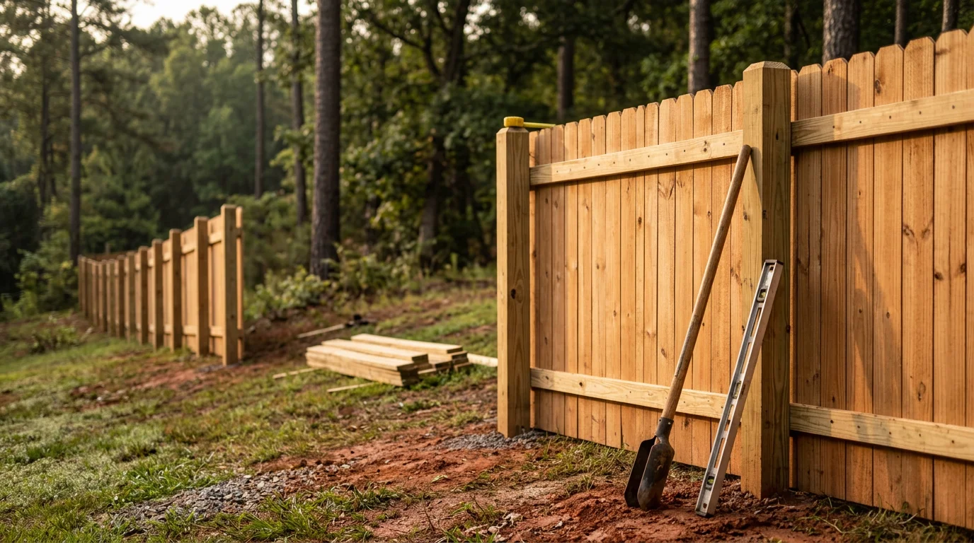 A newly installed wood privacy fence running along the backyard perimeter of a residential home in Newnan, GA, with clean post spacing and a latched gate visible on the side yard. The fence line follows a gently sloped lot typical of Coweta County properties.
