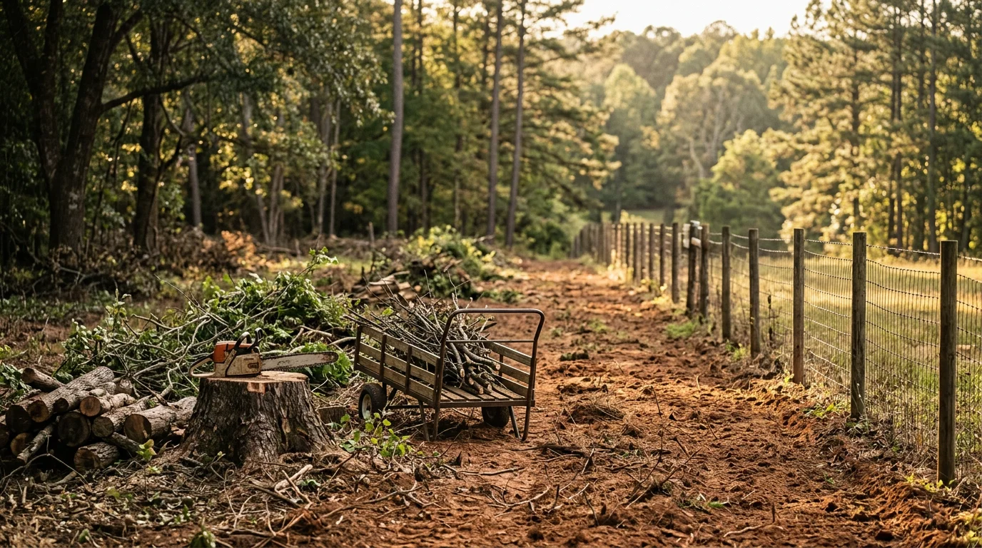A cleared fence line corridor on a Newnan, GA residential property showing bare ground and removed brush along a straight property boundary ready for fence installation. Surrounding wooded vegetation remains intact on either side of the cleared path.