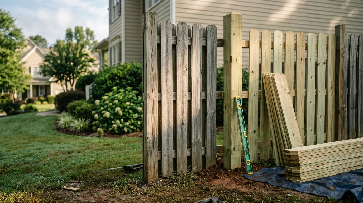 A repaired wood privacy fence in a Newnan, GA residential backyard, showing replaced panels and a reset post alongside the original fence line. The repaired section blends with the existing fence on a grass lot typical of Coweta County neighborhoods.