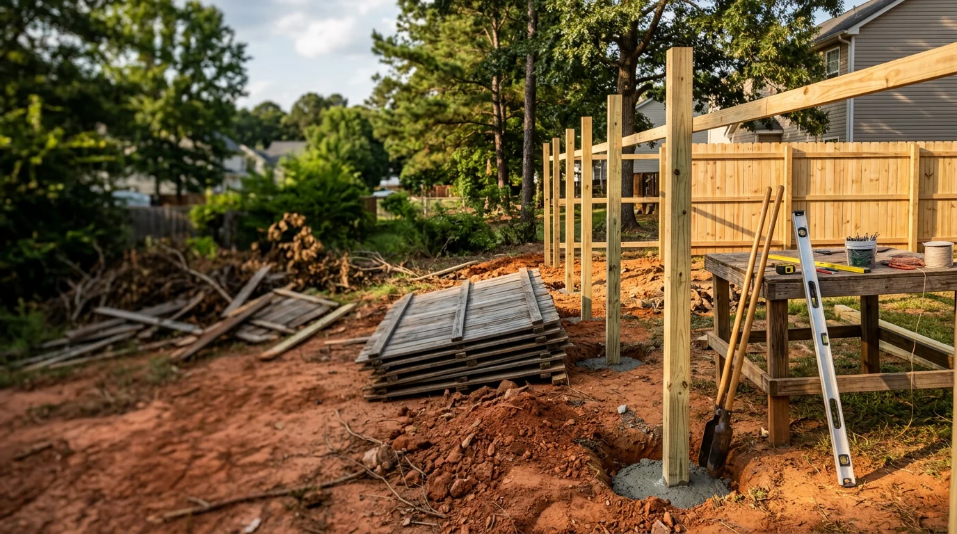 A newly installed wood privacy fence along the rear property line of a residential home in Newnan, GA, with old fence materials removed and clean post footings set in red clay soil. The finished fence runs the full length of the backyard with uniform panel height and a latching gate on one side.