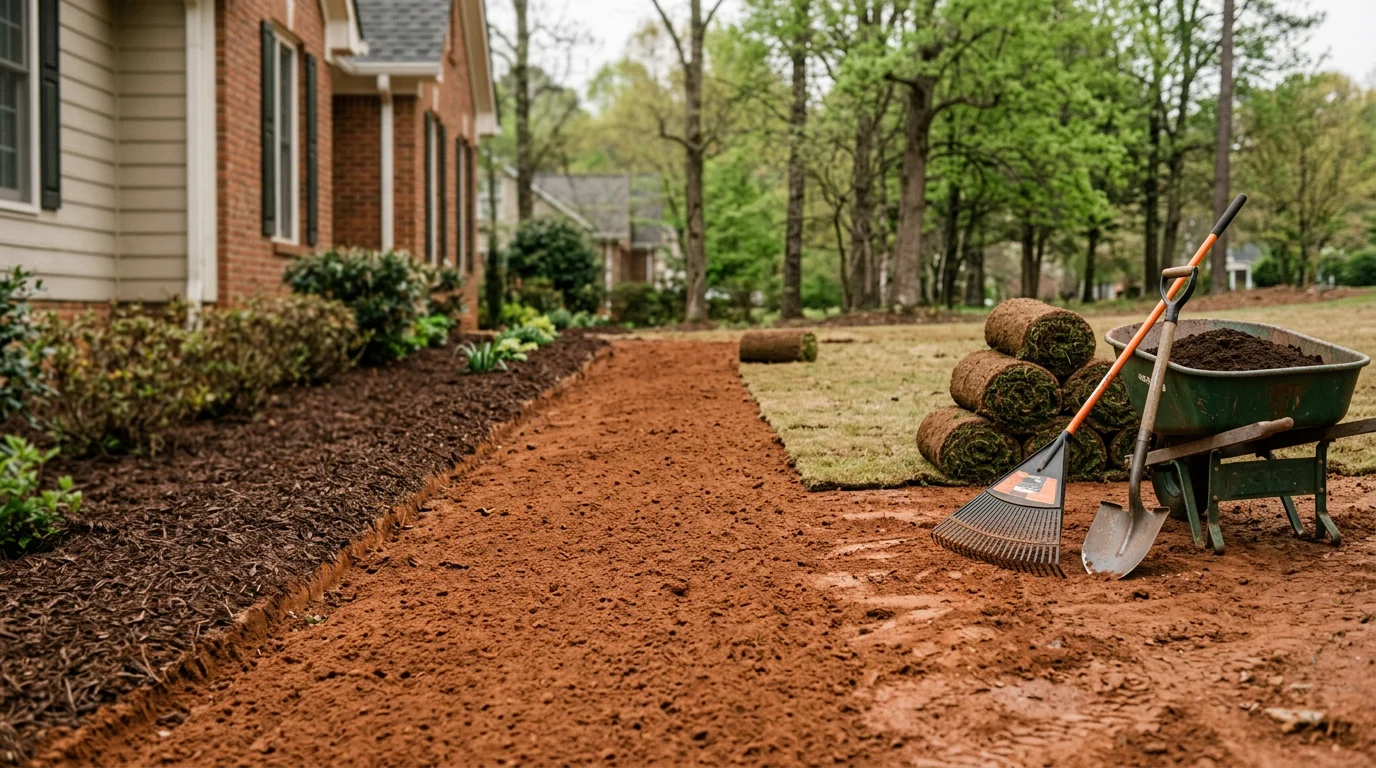 Renovated front yard at a Newnan, Georgia home showing freshly shaped planting beds, warm-season turf, and clean edging along the front walkway. Landscape work completed by United Outdoor Services, LLC in Coweta County.