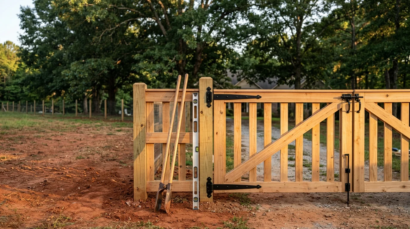 A newly installed double swing driveway gate on a residential property in Newnan, GA, with set posts and aligned hardware visible against a wood privacy fence. The gate spans a paved driveway entry on a flat suburban lot in Coweta County.