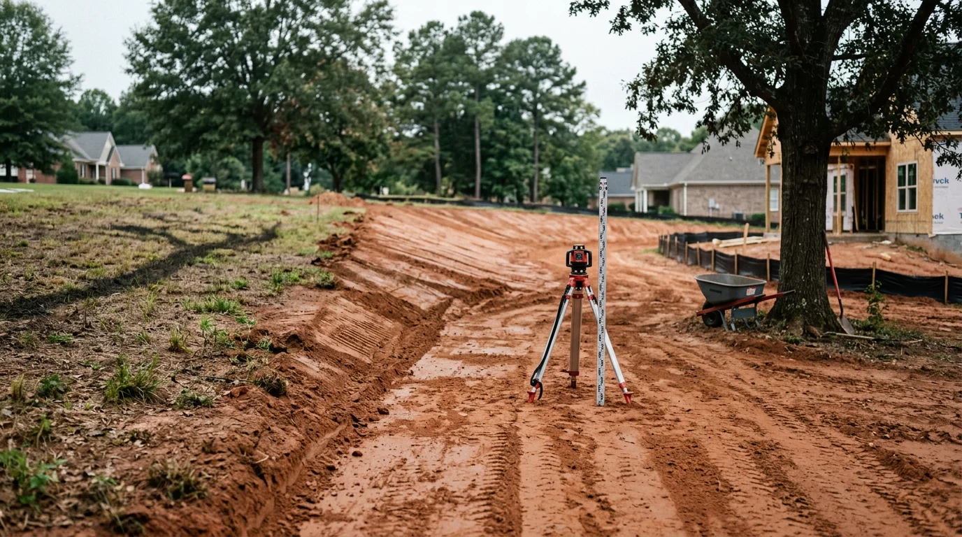 A freshly graded residential yard in Newnan, GA showing smooth, sloped soil contoured away from a home's foundation. Red clay subsoil is visible where the surface has been shaped and leveled in preparation for sod installation.