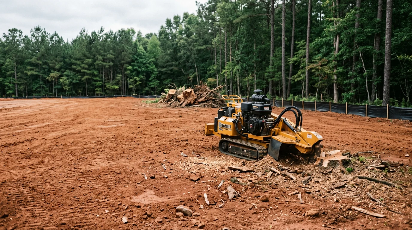 A freshly cleared residential lot in Newnan, GA showing bare red clay soil with stumps removed and surrounding pine trees intact. Heavy equipment tracks are visible across the leveled ground, indicating recent land clearing work by an excavation contractor.