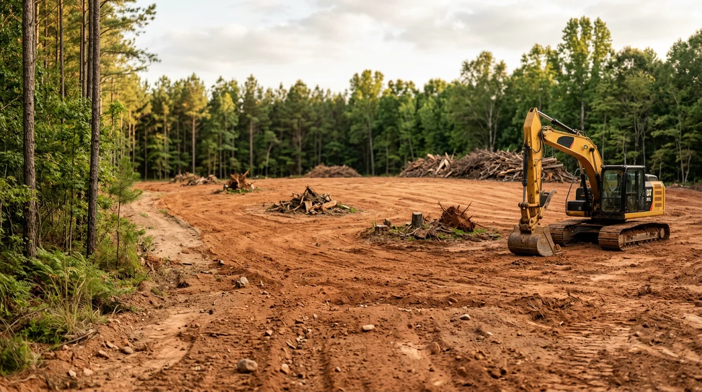 A freshly cleared residential lot in Newnan, GA showing bare graded soil with tree stumps and brush fully removed. The cleared land is level and open, ready for construction or site development in Coweta County.