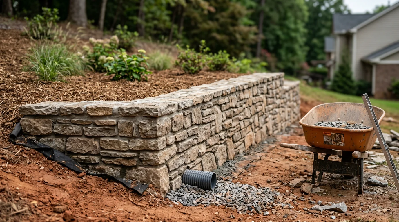 A freshly installed multi-tiered retaining wall on a sloped residential backyard in Newnan, Georgia, with level planting beds created between each tier. The wall holds back red clay soil on a steep grade, with a flat lawn area visible at the base.
