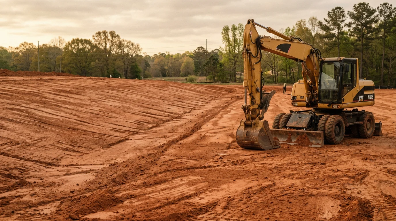 A graded and cleared residential lot in Newnan, Georgia with smooth, level soil ready for landscape installation. Red clay subsoil is visible along the graded slope, showing active site preparation work by United Outdoor Services, LLC.