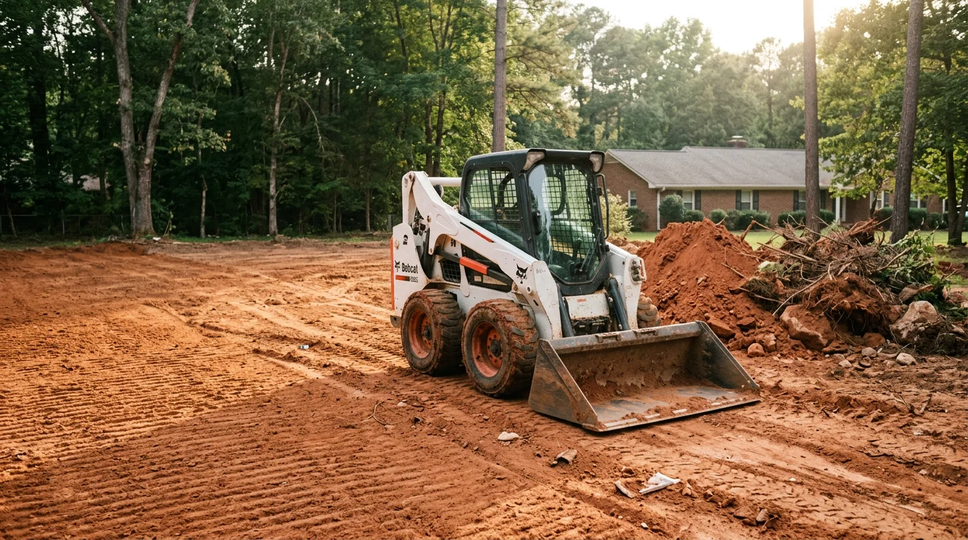 A skid steer operator grading a red clay residential lot in Newnan, Georgia, with cleared land and a partially finished grade visible in the foreground. The compact machine works close to an existing tree line without disturbing surrounding vegetation.