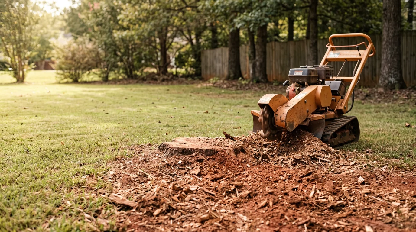 A freshly ground tree stump reduced to wood chips in a residential backyard in Newnan, GA, with red clay soil visible around the edges. The surrounding lawn is intact and the area is clear of debris after professional stump grinding service by United Outdoor Services, LLC.