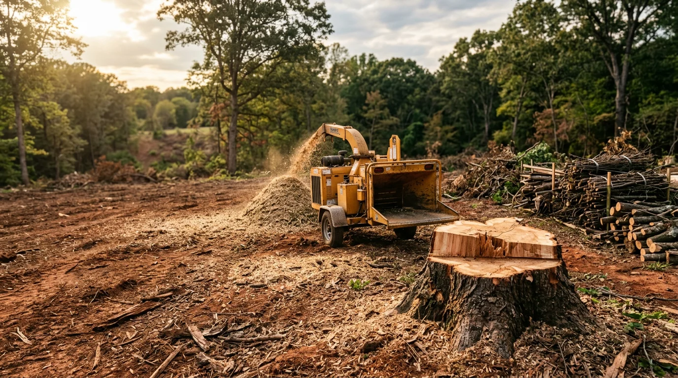 A cleared residential lot in Newnan, Georgia with stumps ground down, brush removed, and bare red clay soil visible across the open property. A tree line remains at the rear of the lot, showing the boundary of the cleared area.
