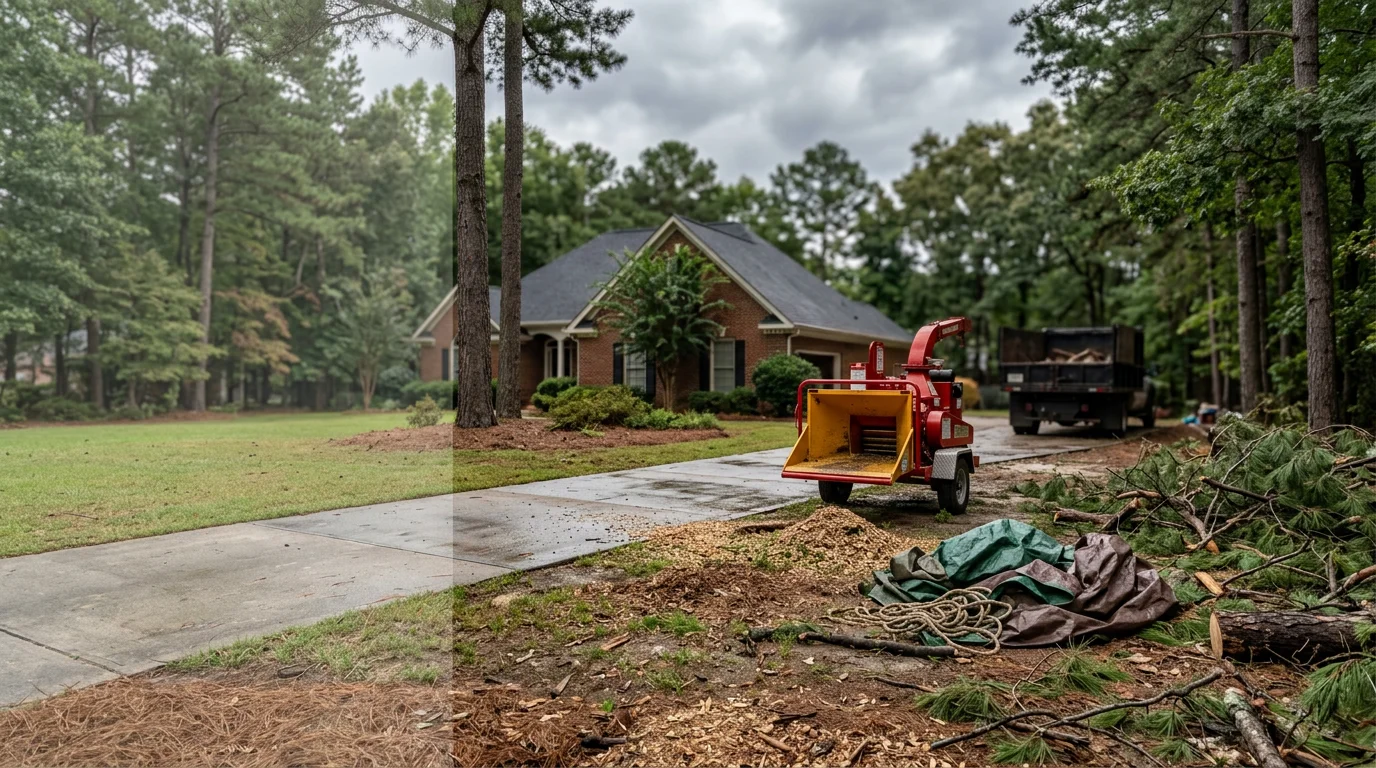 A cleared residential backyard in Newnan, GA showing a clean lawn after tree debris removal, with no fallen limbs or brush piles remaining. A crew member loads the last of the wood waste into a truck parked on the driveway.