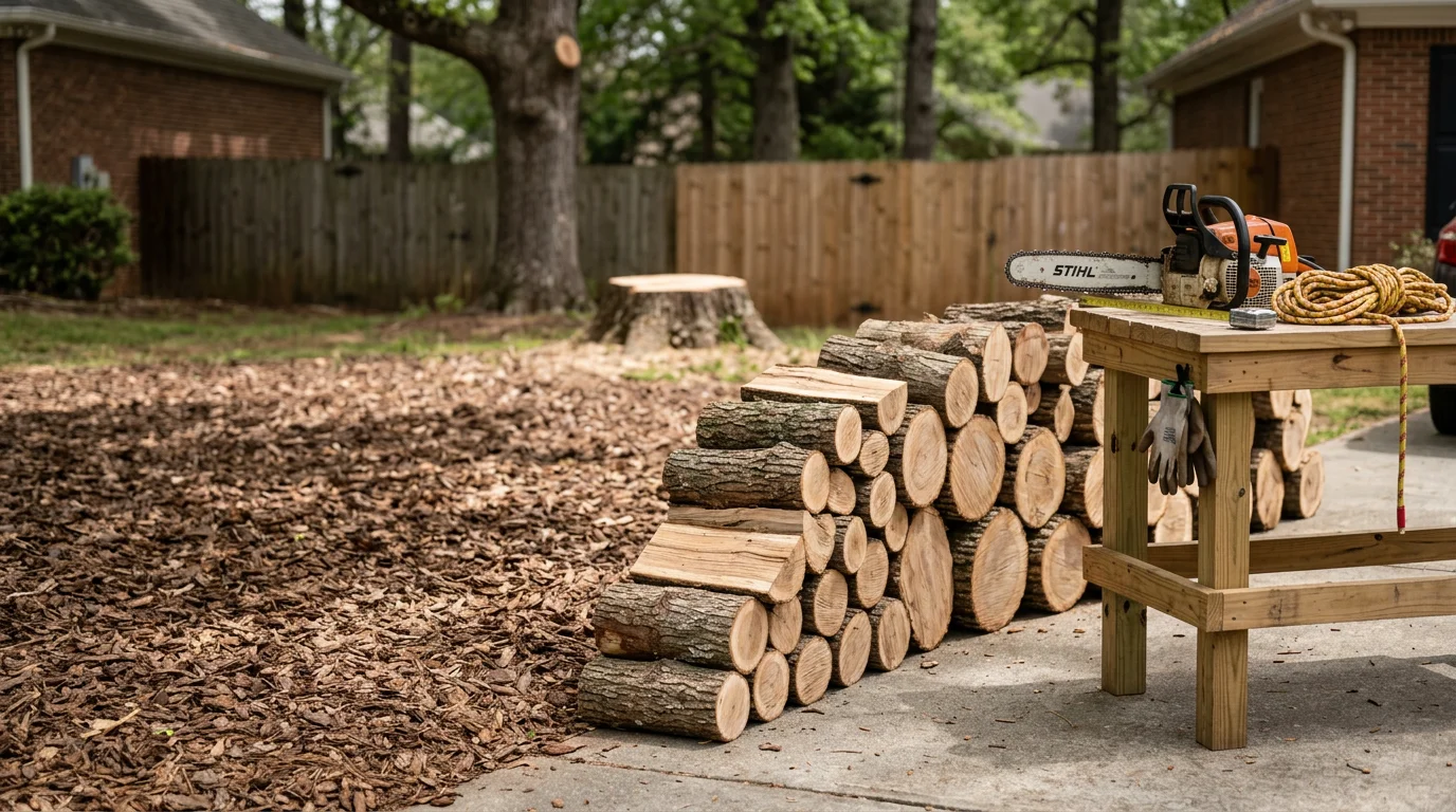 A large tree being removed in sections by a crew in a residential backyard in Newnan, Georgia, with a cleared lawn visible after the trunk and limbs have been cut and stacked for hauling.