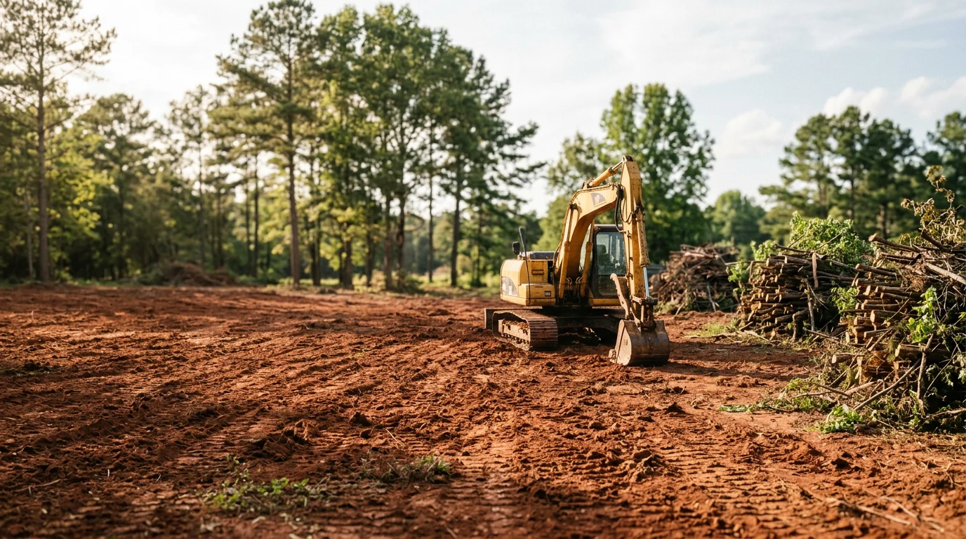A Newnan, GA residential lot after professional vegetation removal, showing cleared brush and open ground ready for excavation or grading. Heavy undergrowth and invasive vines have been removed, leaving visible soil and standing trees the property owner chose to keep.